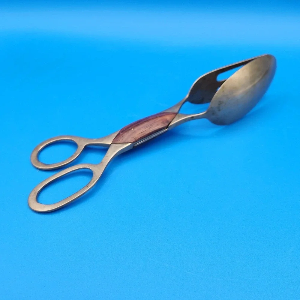MCM Vintage Scissor Style Brass & Rosewood Salad Tongs Detachable Design